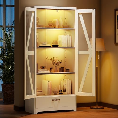 DWVO Display Cabinet with LED Lights, 61" Metal Display Case with Glass Barn Doors for Collectibles, Organizer Cabinet with 3 Adjustable Shelves and Drawer for Living Bedroom, Office, White