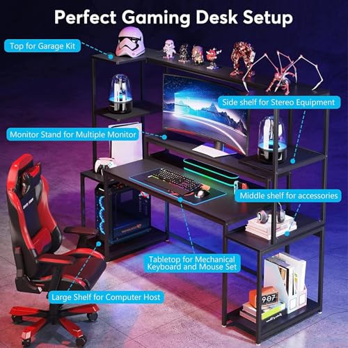 Image of TEKAVO Gaming Table | 180 CM | Gaming Setup Desk with Hutch and Monitor Rise | Computer Table for Home pc | DIY | Black