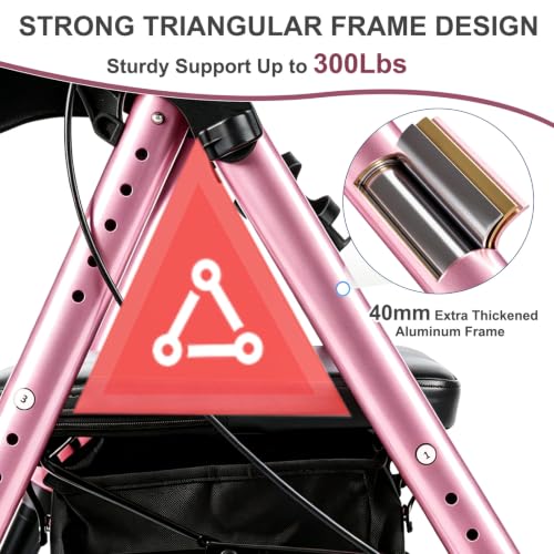 Image of Foldable Rollator Walkers for Seniors with Seat,4 Wheel Rolling Walker | 300lb|8 inch All-Terrain Wheels|Adjustable Height|Anti-tip brakes|padded seat|Tool-Free Assembly| for Adults & Mobility Impaired