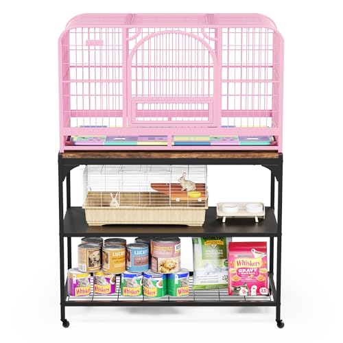 3-Tier Mobile Small Animal Cage Stand with Wood Tabletop, Lockable Caster Wheels, Storage Shelves for Small Animal Habitat for Hamster, Rabbit, Guinea Pig, Furniture Style Design