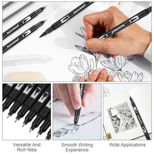 Qianyu 12 Pack Drawing Pens Black Felt Tip Markers Dual Brush Fineliners Pens Fine Calligraphy Brush Pen For Beginners Art Sketching Writing Hand Lettering Scrapbooking Journaling - Image 4