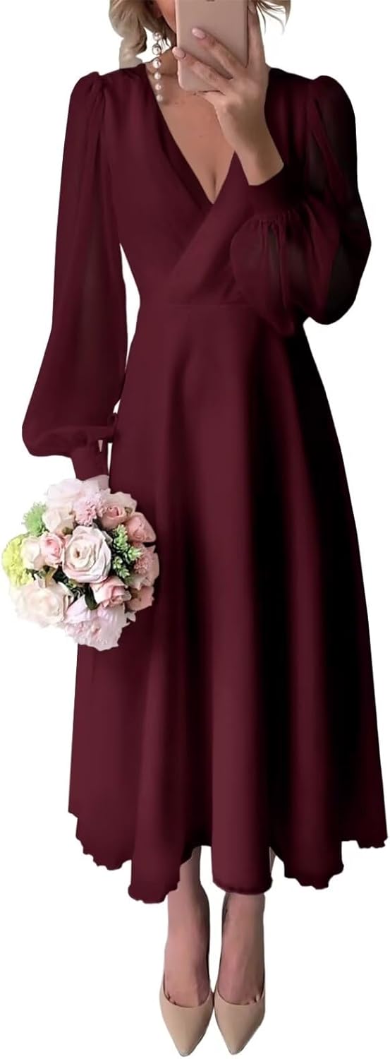 Maxianever Long Sleeve Bridesmaid Dresses 2025 Tea Length Chiffon Wedding Guest Dress for Women