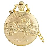 Paket beinhaltet: LWCOTTAGE Quarz Taschenuhr - Led Flash Leuchtendes Vintage Zifferblatt Quarz Taschenuhr Kette Bronze Geschnitzter Dampfzug Steampunk Motor Railway Retro Uhr Stunde, Gold Motorrad, Dünne Kette 78Cm