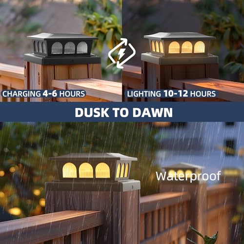 8 Pack Solar Post Cap Lights, Warm White & Cool White Auto On/Off, Waterproof Fence Post Solar Lights for 4x4 5x5 6x6 Wood/Vinyl Posts, Fence, Deck, Patio, Garden Decor (Black) - Image 7