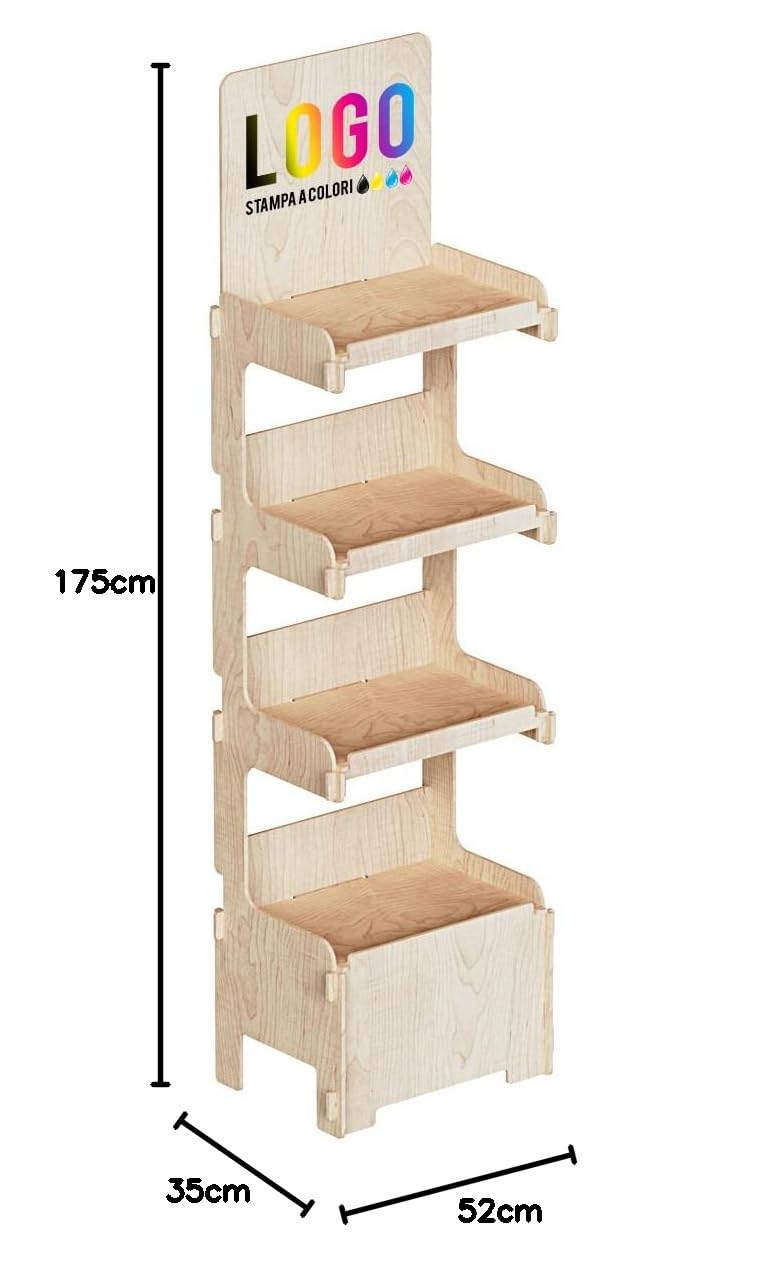 Cemab-Espositore in legno, Ecologico, Tokyo 4 piani (largh. 45 cm + stampa del tuo logo)-montaggio facile ad incastro.
