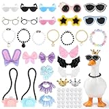 Josojoou 30PCS Porch Goose Accessories, 7 Inch Desk Goose Outfits with 10 Glasses, 3 Wings, 2 Crowns, 5 Necklaces, 7 Necklaces, 2 Camera Necklace, Sticky Dots, Cute Desk Gooses Accessories
