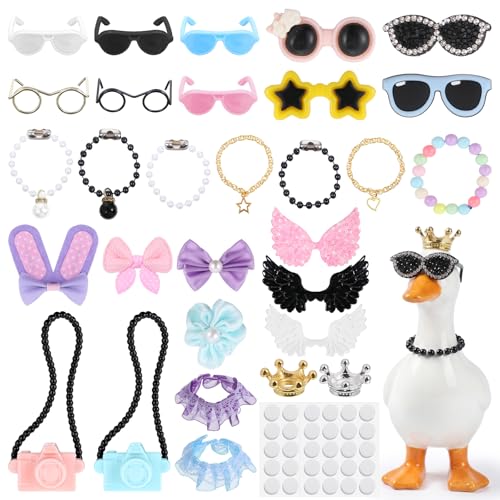 Josojoou 30PCS Porch Goose Accessories, 7 Inch Desk Goose Outfits with 10 Glasses, 3 Wings, 2 Crowns, 5 Necklaces, 7 Necklaces, 2 Camera Necklace, Sticky Dots, Cute Desk Gooses Accessories