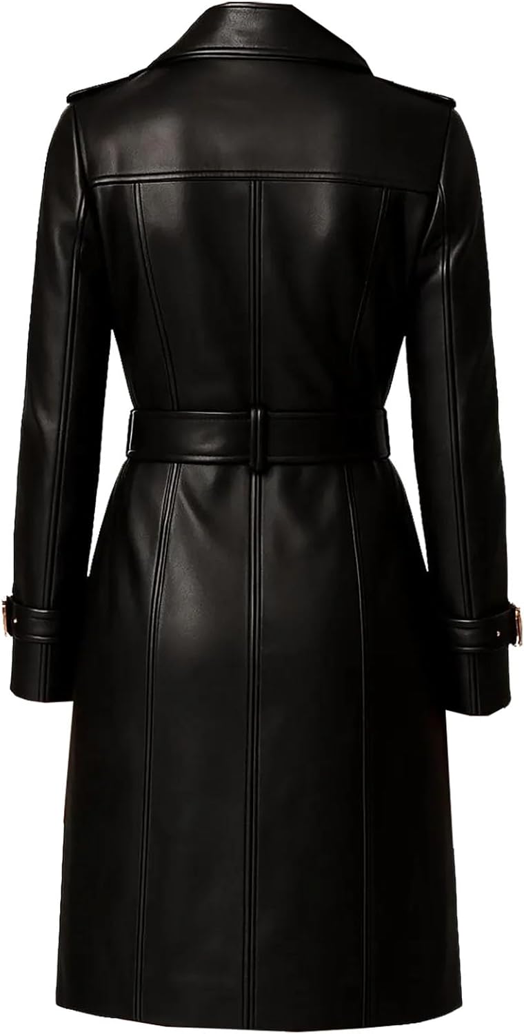 Women’s Real Leather Double-Breasted Trench Coat – Premium Genuine Leather Long Coat with Gold Buttons & Belt