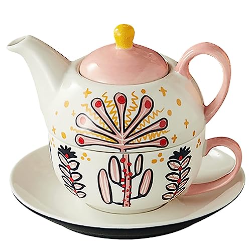 Théière céramique rose rétro 1,2L avec tasses et plateau pour pause café et thé - 2
