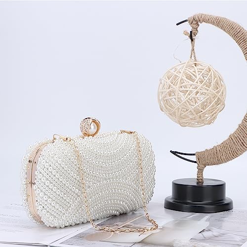 Image of Fecialy Pearl Clutch Purses for Women Wedding Crystal Beaded Evening Handbags Clutch with Pearl Chain