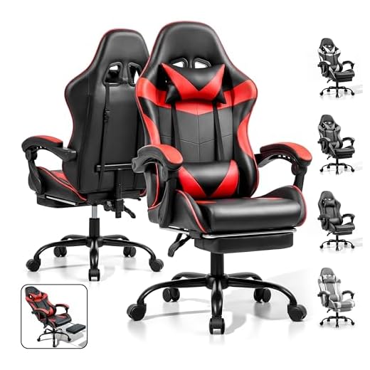 Ray Bear Gaming Chair, Ergonomic Computer Chair with Footrest and Lumbar Support, Height Adjustable Office Chair with 360° Swivel Seat and Headrest (Red & Black)