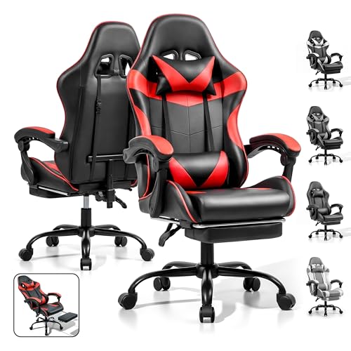 Ray Bear Gaming Chair, Ergonomic Computer Chair with Footrest and Lumbar Support, Height Adjustable Office Chair with 360° Swivel Seat and Headrest (Red & Black)