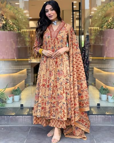 Image of GoSriKi Women's Rayon Viscose Anarkali Printed Kurta with Palazzo & Dupatta