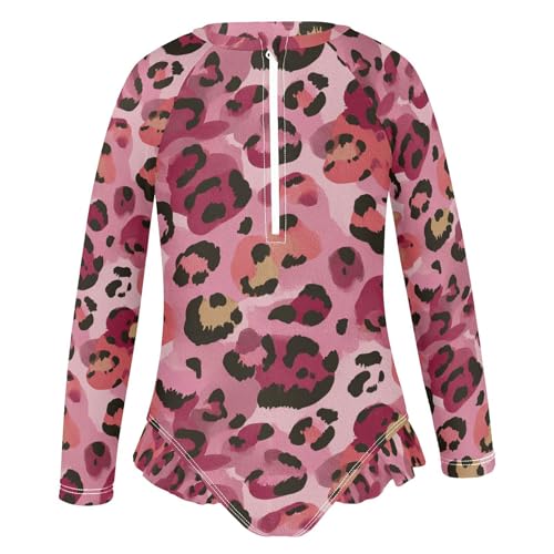 Girls'Swimwear Swimsuit Rash Guard,Wildlife Pink Leopard Print Long Sleeve One Piece Bathing Suits for Kids Toddlers,Quick Dry Swimming Suit Zipper 4T2