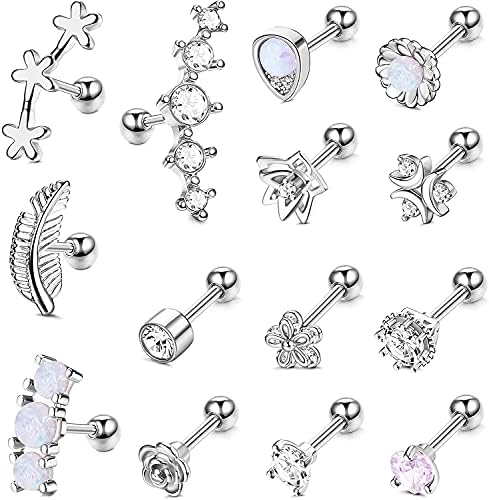 Milacolato 14PCS 16G Stainless Steel Barbell Helix Cartilage Stud Earrings for Women Men CZ Leaf Flower Teardrop Opal Forward Helix Tragus Daith Conch Piercing Jewelry