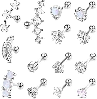 Milacolato 14PCS 16G Stainless Steel Barbell Helix Cartilage Stud Earrings for Women Men CZ Leaf Flower Teardrop Opal Forward Helix Tragus Daith Conch Piercing Jewelry