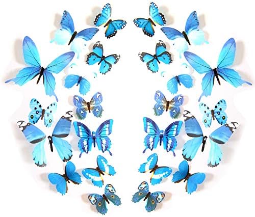 Somotersea 24PCS 3D Butterfly Wall Decal Removable Stickers Decor for Kids Room Decoration Home and Bedroom Art Mural Blue
