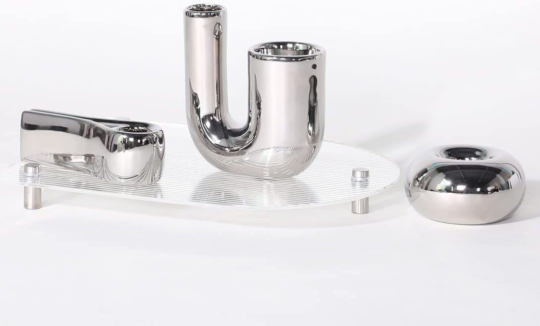 Silver Candlestick Holders, Decorative Taper Candle Holder Set Decor for Table Centerpiece Fireplace, Modern Silver Candle Holders Set, Aesthetic Ceramic Candle Stick Holder