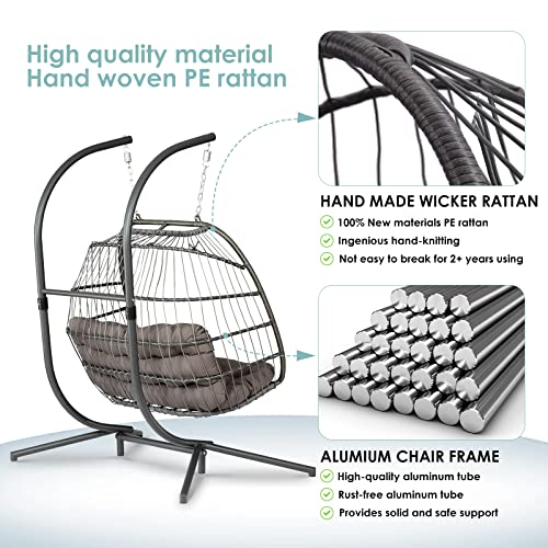 Double Egg Chair with Stand - 2 Person Hanging Egg Chair - Hand Made Rattan Wicker Egg Swing Chair Hammock Chair with UV Resistant Cushion & Aluminum Frame Indoor Outdoor (Dark Grey)