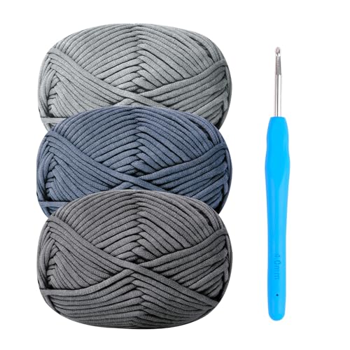 Chunky Yarn for Crochet,Cotton Yarn Thick Wool for Crochet 3x50g Crochet Yarn for Beginners Amigurumi Yarn with 4mm Crochet Hook,Easy Crochet Starter Kit (Gray)