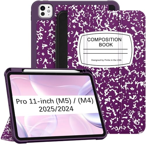 Image of Fintie SlimShell Case for iPad Pro 11-inch (M5) 2025 / (M4) 2024 - [Built-in Pencil Holder] Soft Flexible TPU Protective Stand Back Cover, Composition Book Purple