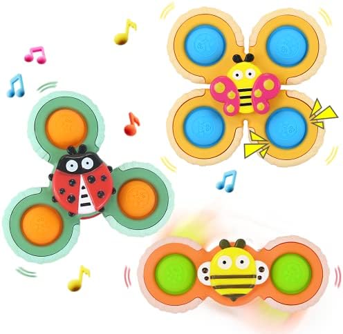 FIDWOD 3Pcs Suction Cup Spinner Toy for Baby - Bath Spinning Toys for Toddlers Infants 1+ Year Old - Sensory Fidget Toys Window Travel Airplane Bathtub Shower - First Birthday Gift for Girls Kids