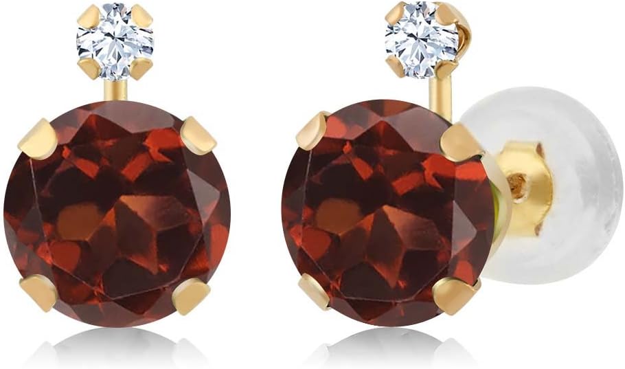 Gem Stone King 14K Yellow Gold Red Garnet and White Created Sapphire Earrings For Women | 2.08 Cttw | Gemstone Birthstone | Round 6MM