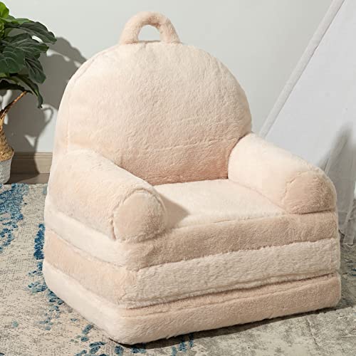 Higogogo Plush Foldable Kids Sofa, Children Couch Backrest Armchair Bed With Pocket And Handle, Upholstered 2 In 1 Flip Open Infant Baby Seat For Living Room Bedroom, Beige #TOP12