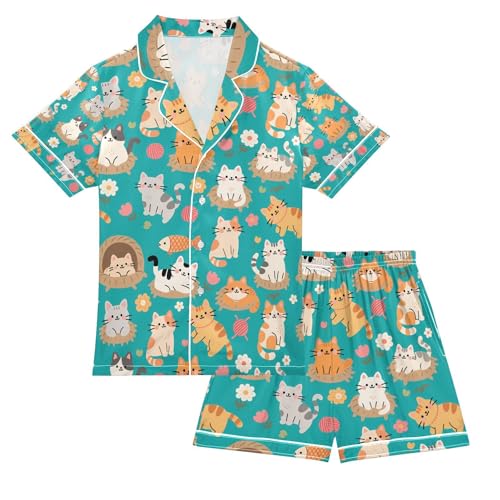 senya Cat Play Ball Flower Satin Summer Pajama Sets Silk Short Sleeve Button Down Sleepwear