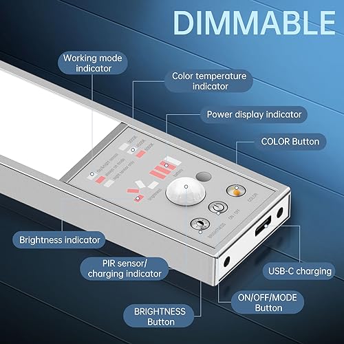 Image of Under Cabinet Light - 𝟑 𝐖𝐨𝐫𝐤𝐢𝐧𝐠 𝐌𝐨𝐝𝐞𝐬 Wireless Rechargeable LED Under Counter Light Bar, Indoor Magnetic Battery Operated Closet Lighting for Wardrobe, Closet, and Kitchen