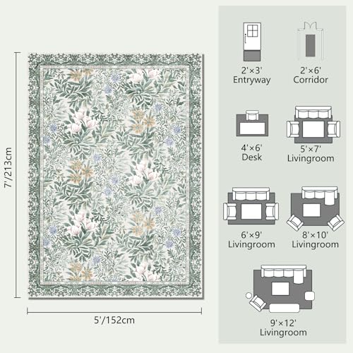 Image of Botanical Floral Area Rug 5x7 Light Green Cream Vintage Garden Design, Perfect for Living Room, Bedroom, Kids Room, Nursery - Stain & Water Resistant Non-Slip, Pet & Child Friendly Area Rugs