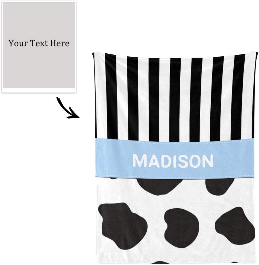 Cow Print Spots Black White Personalized Receiving Baby Blankets for Girls Boys Kids with Name,Customized Swaddle Blankets Gift for Newborn Crib Infants 30x40 Inches