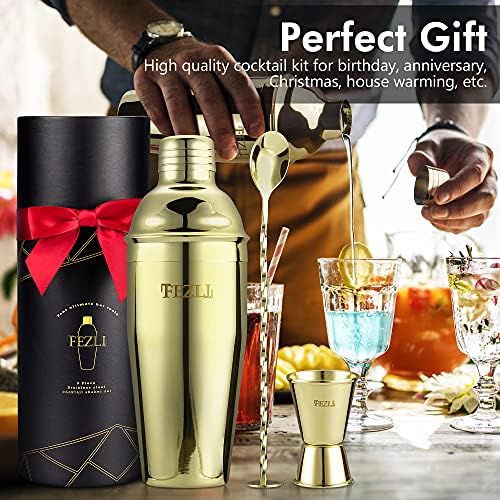 Fezli 5 PCS Cocktail Making Set 700ml Stainless Steel Cocktail Shaker Set with Strainer, Jigger and Mixing Spoon, Bartending Set with Bar Accessories & Cocktail Accessories for Drinks (Gold)