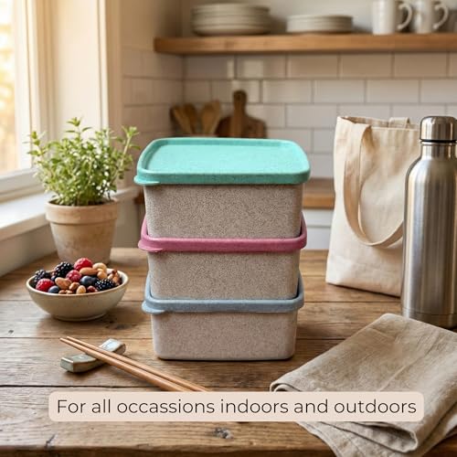 Image of Happy Cove Eco Friendly Lunch Box for Office Use | Biocomposite Wheat Straw, Rice Husk & Bamboo Fibre | 3 Multicolour Containers | Tiffin Box with Lunch Bag | Microwave & Oven Safe | Unbreakable