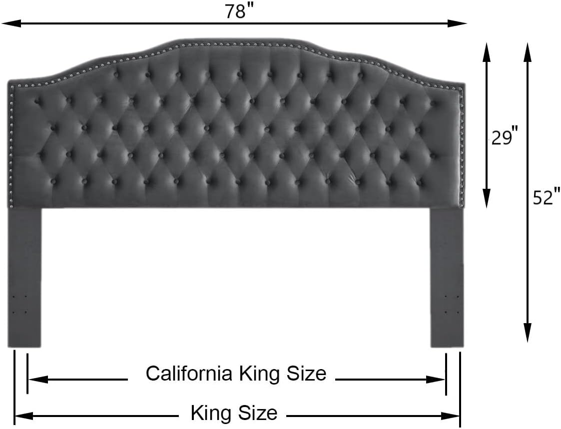 24KF Upholstered Button Tufted King Size Headboard with Nailhead Trim, Soft Velvet Fabric Headboard King/Cal King Size -Dark Gray