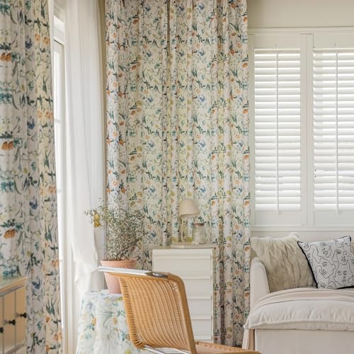 Image of SUOUO Cottage Country Small Floral Chenille Semi Blackout Curtains 84 Inches Green Yellow Tiny Wildflower Botanical Farmhouse Window Drapes for Living Room Dining Bedroom 2 Panels