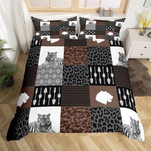 Feelyou Wild Tiger Bedding Set King Size Camouflage Leopard Comforter Cover Set for Adult Kids Boys Girls Geometric Lattice Duvet Cover Black Brown Bedspread Cover 3Pcs