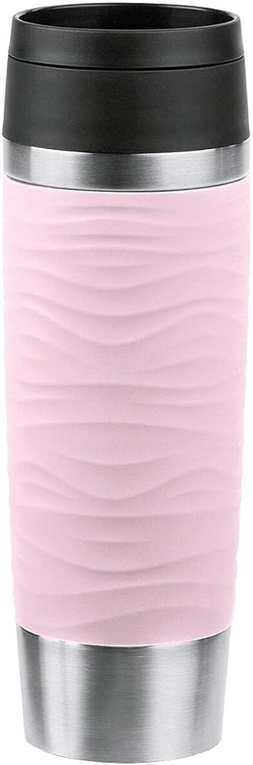 Emsa N20227 Travel Mug Wave Insulated Mug 0.5 Litres, Comfort Screw Cap, Stainless Steel, 6 Hours Hot and 12 Hours Cool, 100% Leak-Proof, Dishwasher Safe, 360 Drinking Opening, Pastel Pink