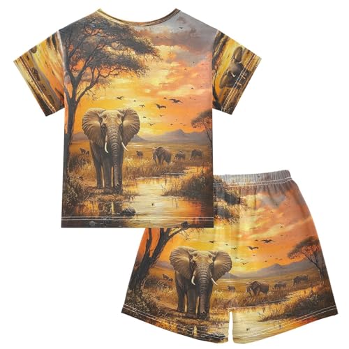 ALAZA Sunset Bird Elephant Pajamas Set Short Sleeve Cotton Sleepwear Summer Pjs 2 Piece 5-14Y2