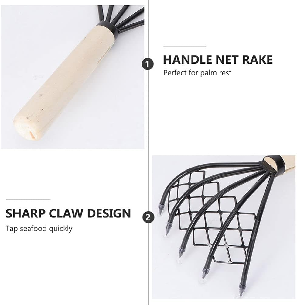 Yardwe Rake with Mesh Net, 10.24 Inch Japanese Rake, 5- Tine Steel Clamming Claws, Long Handled Shell Clam Digger, Dig Seafood Accessories with Flat Cowhide Rope， 2PCS