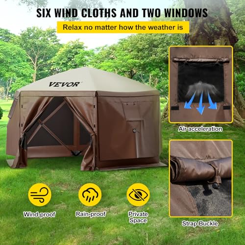 VEVOR Pop Up Gazebo Screen Tent, Pop-Up Instant Gazebo Tents with Mosquito Netting Outdoor Canopy, 6 Sided Sun Shelter 10x10ft with 6 Removable Wind Cloths & 2 Mesh Windows, Pavilion Tent for Patio - Image 5