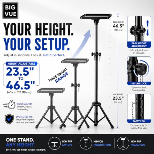 Image of BIG VUE Projector Tripod Stand | 23 inch to 46 inch Height Adjustable Laptop Floor Stand with Plate | Multi-Purpose Heavy-Duty Portable Mount for Speaker, Office, Home Theater, Events, Stage, Studio, DJ Racks