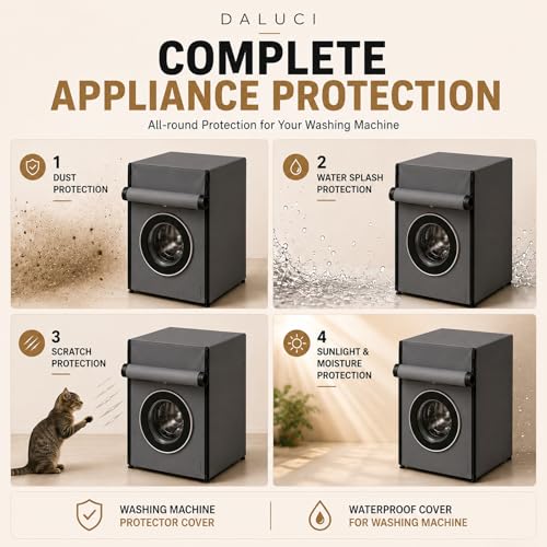 Image of DALUCI Washing Machine Cover Front Load for 6 Kg, 6.5 Kg, 7 Kg & 7.5 Kg Fully Automatic Machines | Waterproof Dustproof Polyester Protective Cover with Zipper (Grey, 59X59X86 CM)