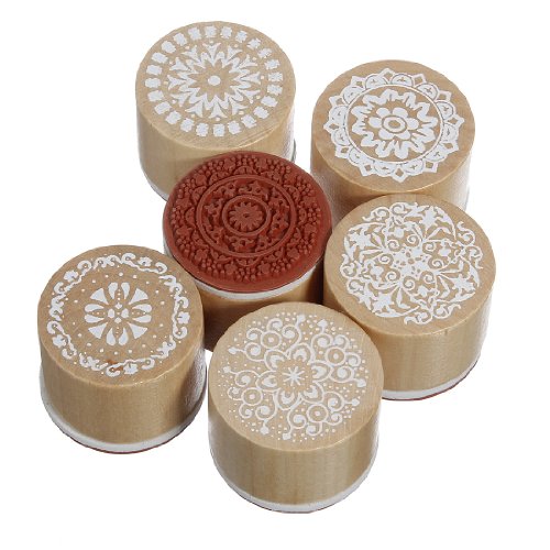 KINGSO 6 Assorted Wooden Rubber Stamp Round Shape Handwriting Floral Flower Craft