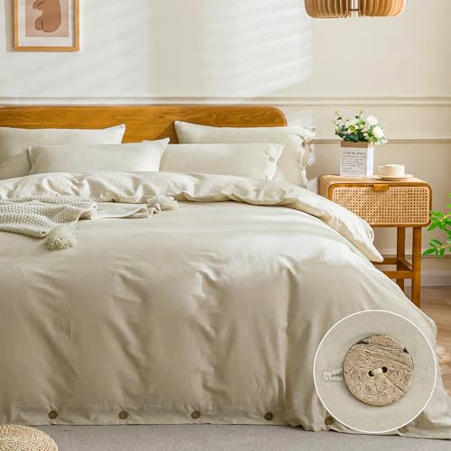Image of JELLYMONI Cotton Duvet Cover Twin XL Size - Light Khaki Comforter Cover with Button 100% Washed Cotton 2PCS Breathable Soft Solid Bedding Set Duvet Cover 66x92in & 1 Pillowcase (NO Comforter)