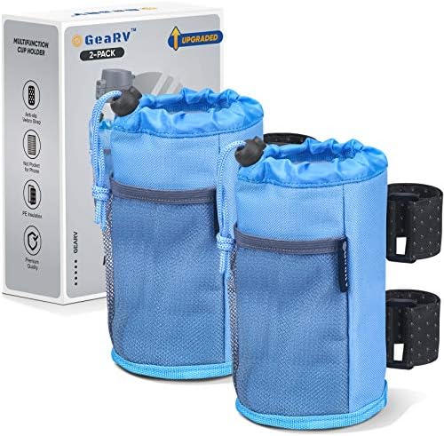 GEARV 2Pack Cup Holder for Bike, Scooter and Wheelchair, Water Bottle Holder for UTV/ATV, Walker, Golf Cart and Beach, Universal Drink Holder Accessories with Net Pocket and Cord Lock (Ocean Blue)