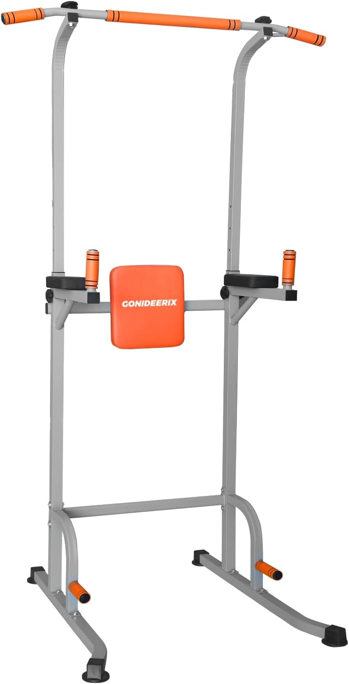 Power Tower Pull-Up & Dip Station, Heavy-Duty Steel Frame, Supports Up to 450 lbs, Adjustable Height Strength Training Tower with Multi-Grip Pull-Up Bar for Home Gym