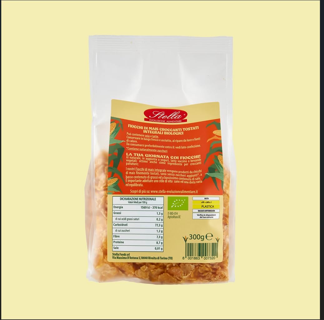 Stella Corn Flakes Integrali BIO Senza Glutine - 8 confezioni da 300g - Senza Zuccheri Aggiunti, 100% Mais