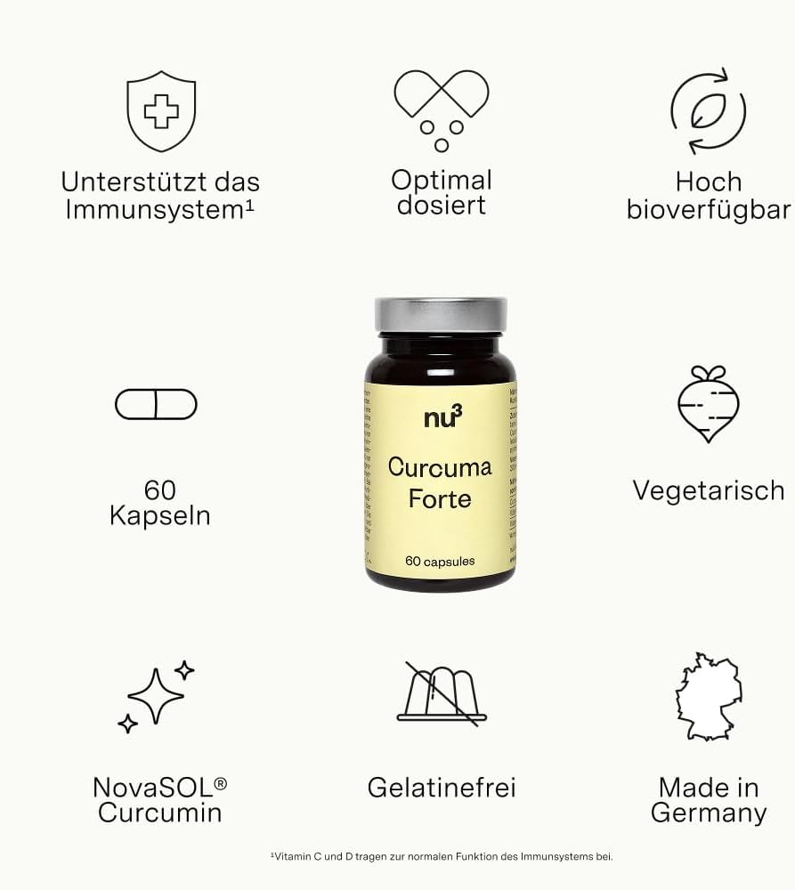 nu3 Curcuma Forte Mizellen-Kurkuma hohe Bioverfügbarkeit Vitamin C D3 Gelatinefrei glutenfrei 3x60 Kapseln