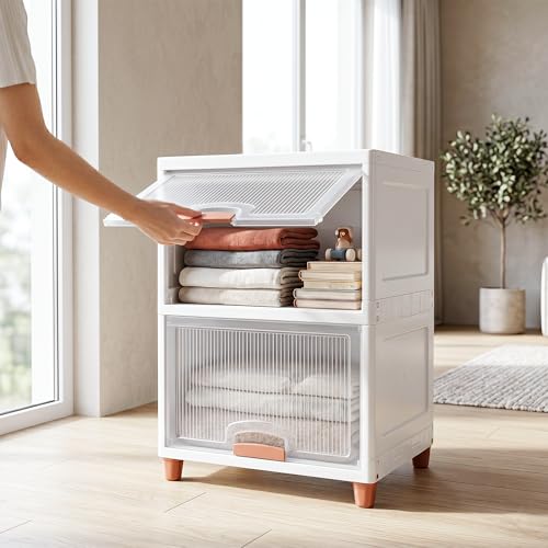 Image of VERAT 2 Tier Cupboard for Storage /Stackable Plastic Storage Cabinet /Foldable Wardrobe for Clothes /Multipurpose Storage Organizer /Closet for Bedroom /Living Room /Kitchen (Transparent & White)